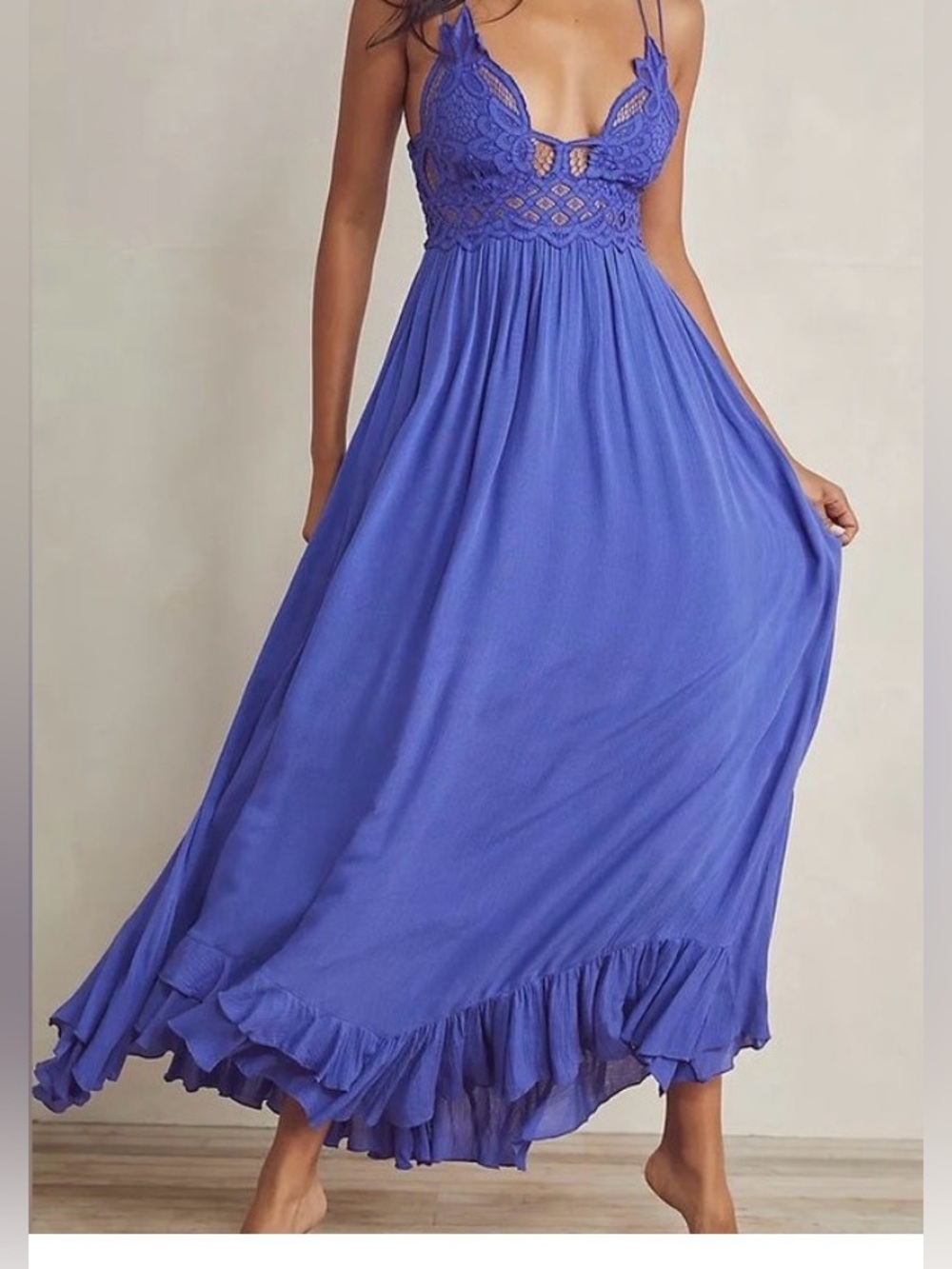 NWT Free People Adella Crochet Lace Maxi Slip Dress - Periwinkle - Sz L